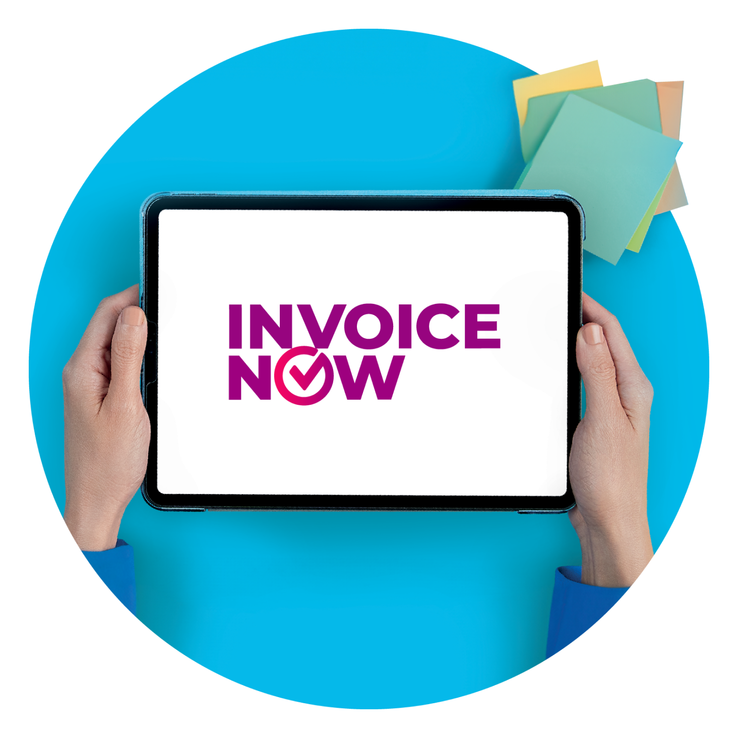 Hands holding a tablet displaying the Invoice Now logo