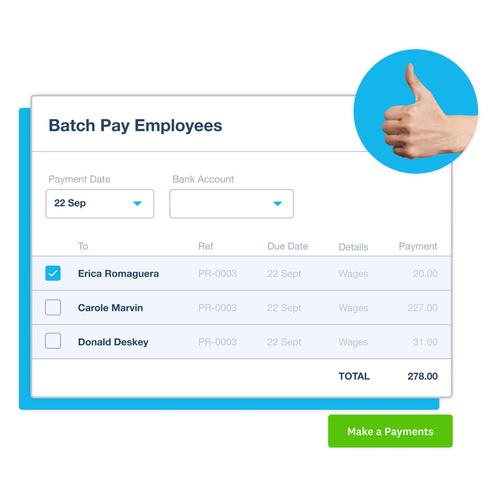 A screen showing employee data and pay records stored in Xero’s online software.